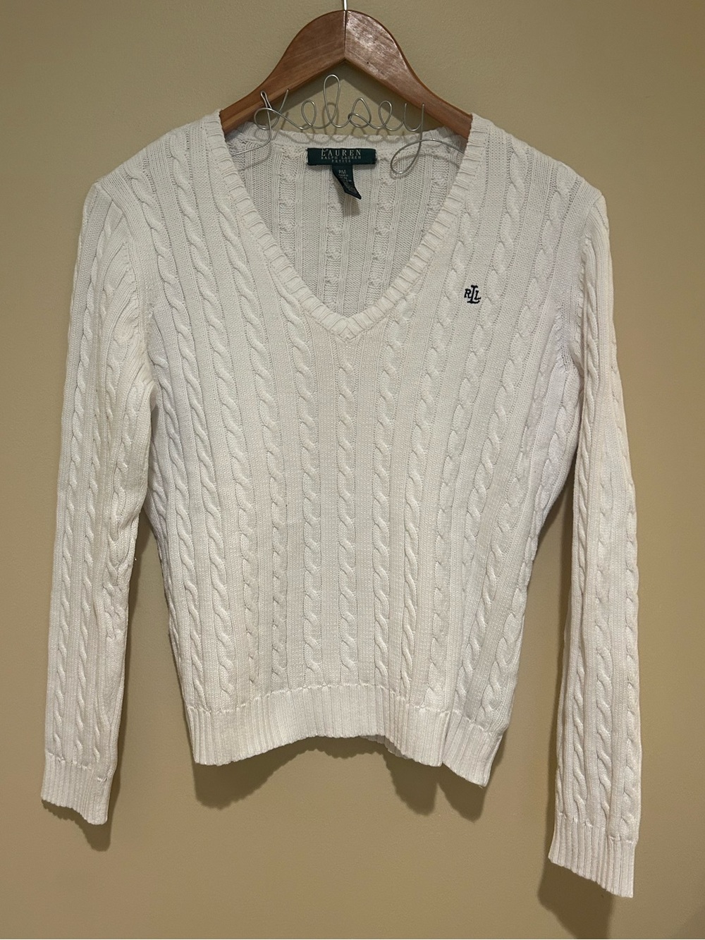 Ralph Lauren Women’s White Cable-Knit V-Neck Sweater 100% Cotton Petite Medium